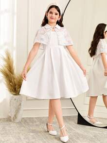 SHEIN Đầm hai dây cổ áo jacquard và áo hai dây màu trơn dành cho bé gái tuổi teen, thiết kế tối giản thanh lịch, phù hợp cho mặc hàng ngày, du lịch, dự tiệc và nhiều dịp khác. - Màu be - Xem 5