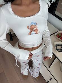 ZzzCrew 熊纹印花性感蕾丝边方领长袖睡衣套装 - 杏色 - 查看 4