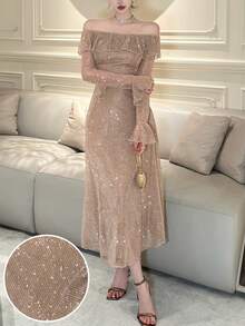 DAZY Women's Elegant Party Glitter Off Shoulder Ruffle Midi Dress Spring - Champagne - View 1
