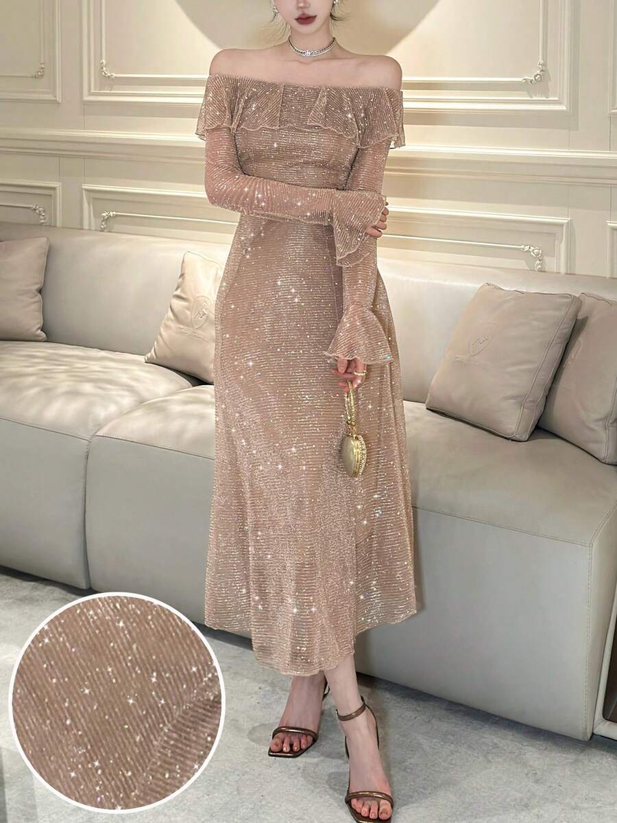 DAZY Women's Elegant Party Glitter Off Shoulder Ruffle Midi Dress Spring - Champagne - View 1