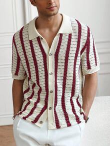 Manfinity Homme 男士条纹单排扣休闲通勤针织短袖上衣 - 彩色 - 查看 6