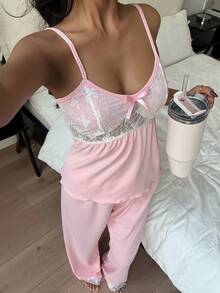 SHEIN 蕾丝边纯色女士吊带背心和裤子睡衣套装 - 粉色 - 查看 1