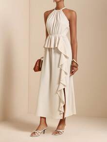 SHEIN Veneréa Elegant Halter Neck Tie Waist Ruched Flounce Hem Dress - Apricot - View 3