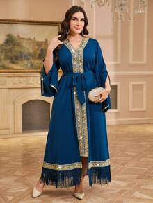 Reflora Plus Size V-Neck Cape Sleeve Vintage Elegant Dress, Sky Blue Autumn Modest Wedding Guest Bridesmaid Party Dresses, Women Arabian Turkish Luxury - Blue - View 6
