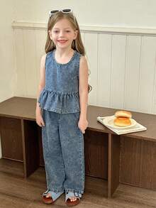 Elladie kids 2 Peças Conjunto Denim Casual Feminino, Inclui Top Denim de Manga Curta com Babado e Calça Denim Reta de Ajuste Relaxado, Tecido de Algodão Confortável, Adequado para Uso Diário, Primavera/Verão - Lavagem Média - Visão 5