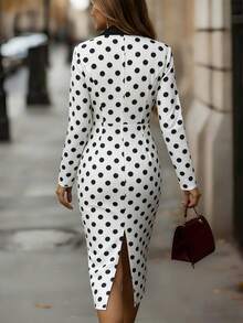 Franclia 女士波点拼接中长连衣裙，通勤连衣裙，办公室套装，职业装，修身铅笔裙，优雅连衣裙，黑白拼接连衣裙 - 黑與白 - 查看 2