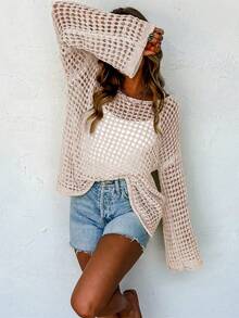 EMERY ROSE 新款寬鬆深V實色空心針織毛衣 - 杏色 - 查看 3