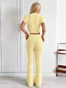 SHEIN EZwear 女士纯色圆领针织短袖上衣和喇叭针织裤休闲套装 - 鵝黃色 - 查看 2