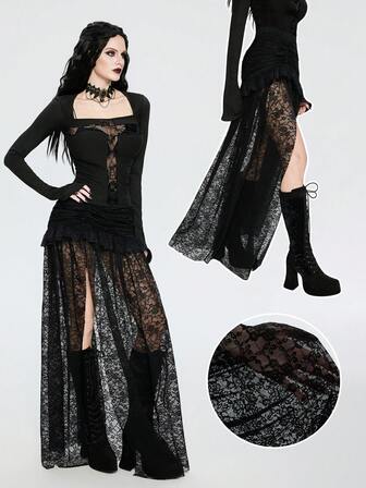 Breakform Saia Feminina de Estilo Gótico Sexy, Cintura Elástica, Cor Sólida, Tecido de Malha, Contraste de Renda, Babado na Barra, Fenda Alta