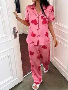 Dream Adore Heart Print Lapel Short Sleeve Pajama Set Satin Sleepwear Set Heart Print Pajamas Pink Sleepwear Women Satin Pajamas Set Pink Satin Pajamas Set Pink Silk Pajamas Set Silk Pjs Set - Pink - View 5