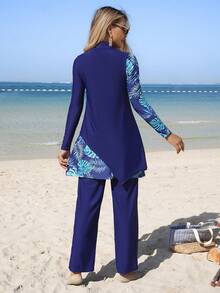 Swim Mulvari 两件套热带花卉印花长袖上衣和裤子套装，优雅假日女士泳装布基尼 - 彩色 - 查看 3