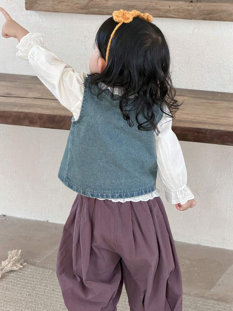 Baby Girl Floral Embroidery Korean Style Layered Denim Top, Summer