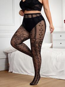 SHEIN CURVE+ Collant trasparenti a forma di cuore eleganti per donne curvy/taglie forti, adatti per San Valentino - nero - Visualizzare 4