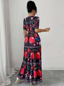 Elenzga 女士碎花V领腰部层叠下摆连衣裙，夏季度假风 - 彩色 - 查看 2