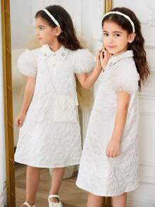 Vestito da principessa per bambine e ragazze, nuova versione coreana per l'estate, in tessuto jacquard con piccolo colletto, decorato con diamanti, maniche a balze e design in rete, linea ad A. Borsa a tracolla diagonale con fiocco, color albicocca, semplice ed elegante, adatto per feste di compleanno e occasioni di lusso. - Cachi - Visualizzare 3