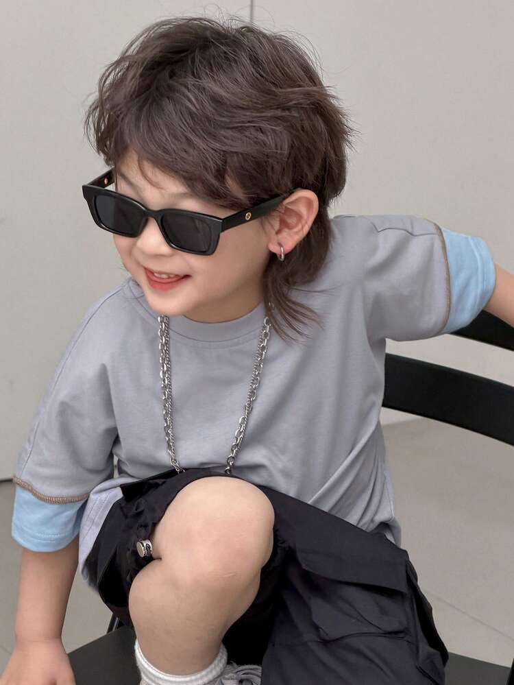 Young Boy Color Block Round Neck Casual Versatile Daily Wear Short Sleeve T-Shirt Summer