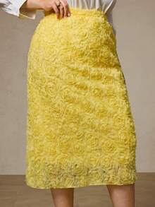 Aveloria Rosie Chân váy maxi màu trơn, cạp chun co giãn, chất liệu vải hoa 3D, phù hợp cho người có thân hình đầy đặn, phong cách châu Âu và Mỹ, thích hợp cho mùa thu/đông. - Màu vàng - Xem 4