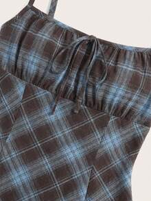 SHEIN PETITE 女士春夏/夏季休闲格子吊带迷你连衣裙，方领，棕色格子连衣裙，春夏田园风连衣裙，秋季穿搭 - 彩色 - 查看 4