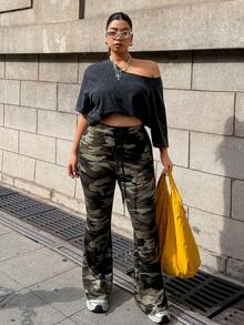 Muchica Plus Size Women Camouflage Print Drawstring Waist Casual Flare Pants/Winter - Multicolor - View 3