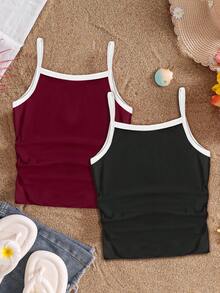 2pcs/Set Tween Girls' Casual Burgundy & Black Summer Beach Holiday Patchwork Camisole Tops,Versatile All-Match Layering Comfortable Cami Tank Tops - Multicolor - View 2