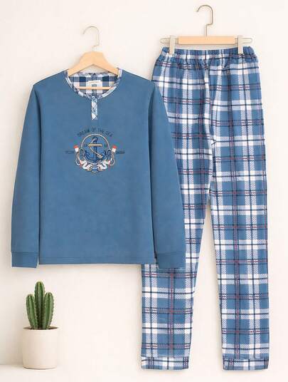 Conjunto de 2 Piezas Pijama Algodon Felpa Interna para Hombre, Pantalones Casuales Suaves y Camisa de Manga Larga con Cuello Redondo y Botones, Ropa de Dormir Cómoda de Dos Piezas para el Hogar