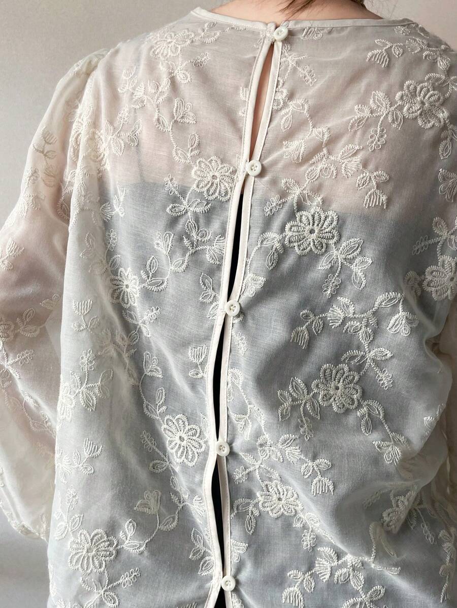 FRIFUL Women's Round Neck Puff Sleeve Loose Wavy Hem Asymmetrical Hem Lace Sheer Blouse, Suitable For Summer Vacation - Beige - View 1