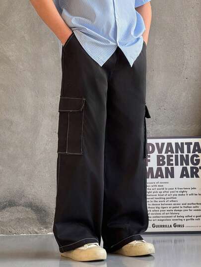 Mirajuku 1pc Boys' Casual Wide Leg Pants, Contrast Stitching Design, Relaxed Fit, Comfortable Fabric, Suitable For Multiple Occasions And Seasons