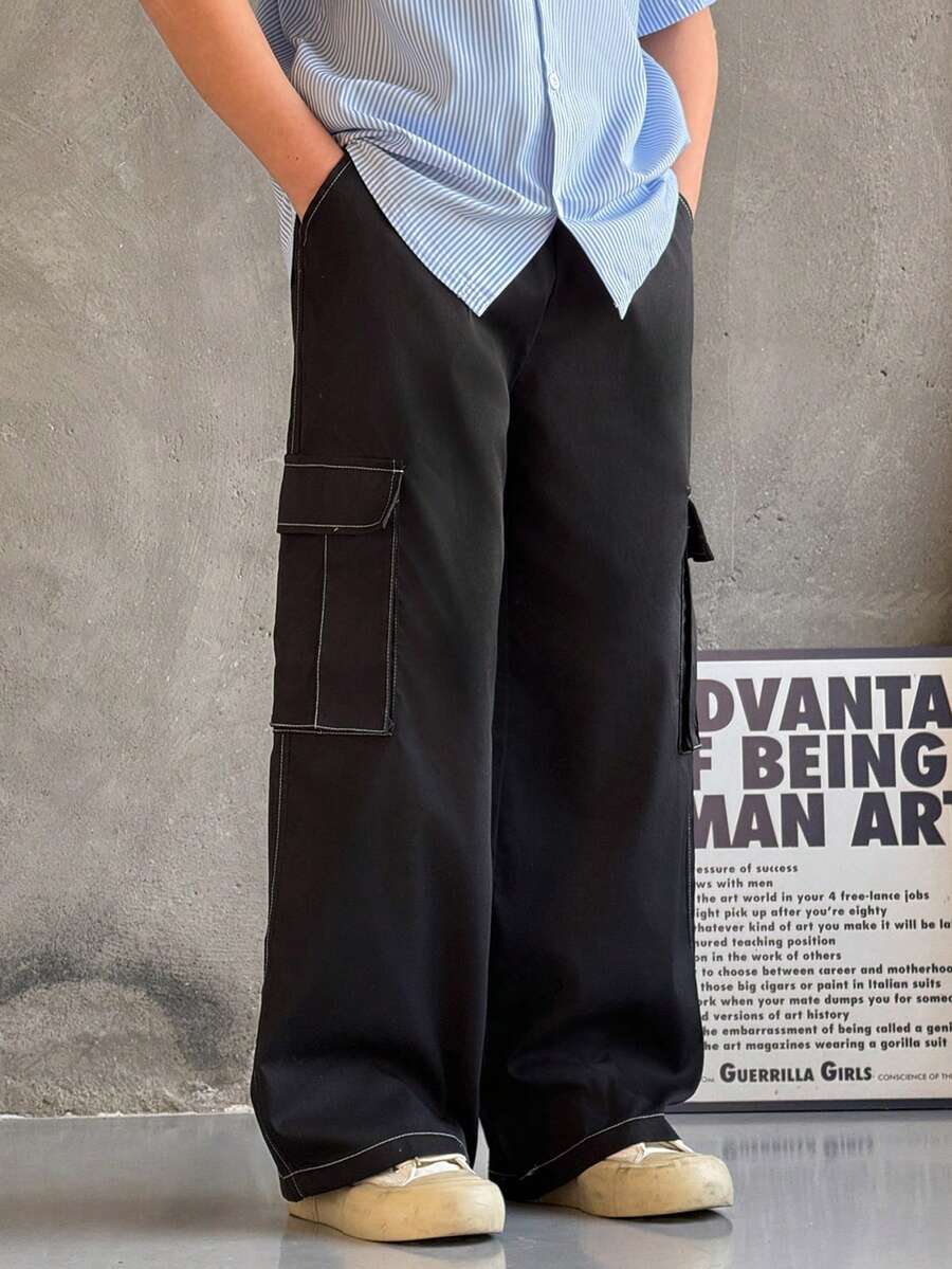 Mirajuku 1pc Boys' Casual Wide Leg Pants, Contrast Stitching Design, Relaxed Fit, Comfortable Fabric, Suitable For Multiple Occasions And Seasons - Black - View 1