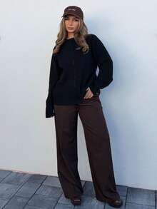 Jeta Ari Femmes Cardigan tricoté ample à manches longues avec fermeture éclair, couleur unie, automne/hiver