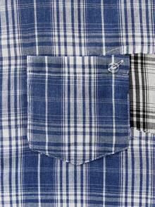 SWAVVY 标准尺码男士时尚休闲格子不对称拼接宽松落肩方正短袖衬衫 - 藍色 - 查看 5