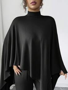 Elenzga 女士中东风情优雅简约不对称针织斗篷上衣 + 直筒阔腿松紧腰裤 - 黑色 - 查看 3