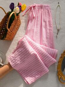 Sparklyn Teen Girls' Waist Tie Striped Wide Leg Loose Casual Pants - Pink - View 1