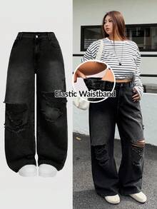 SHEIN CURVE+ 大码休闲水洗做旧阔腿牛仔裤 - 黑色 - 查看 1