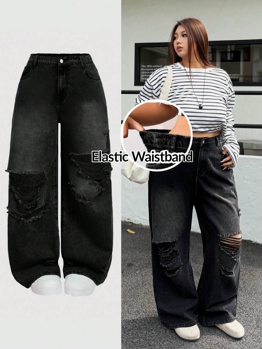 SHEIN CURVE+ 大码休闲水洗做旧阔腿牛仔裤 - 黑色 - 查看 1