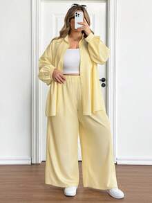 SHEIN CURVE+ 大码女式条纹长袖衬衫和阔腿裤休闲两件套 - 黃色 - 查看 8