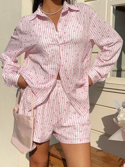 MainGRL Pink Striped Heart Pattern Shirt Two-Piece Set Summer Outfits For Women  Beach Vacation Outfits For Women