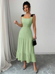 Elenzga Vestido de playa de punto bordado con lazo y bloques de color para fiesta y vacaciones - Verde Pastel - Ver 4