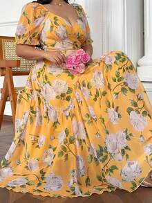 Flirla Plus Size Women Floral Print Sweetheart Neck Raglan Short Sleeve Ruffle Hem Elegant Dress - Yellow - View 5