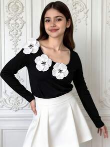 SHEIN Tween Girl 3D Floral Decor Asymmetric Collar Long Sleeve Fashion T-Shirt - Black - View 1