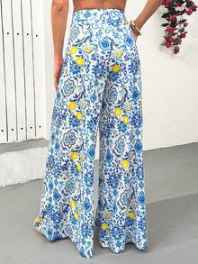 EURMUSE Women Spring Summer Vacation Lemon Print Elastic Waist Wide-Leg Pants - Multicolor - View 2