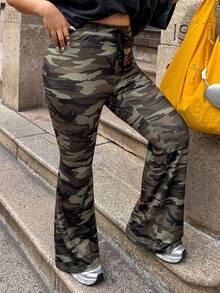 Muchica Plus Size Women Camouflage Print Drawstring Waist Casual Flare Pants/Winter - Multicolor - View 4