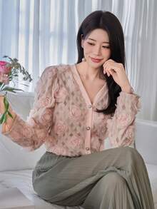 DAZY 女款優雅V領泡泡袖3D花卉上衣，春夏長袖 - 粉色 - 查看 8