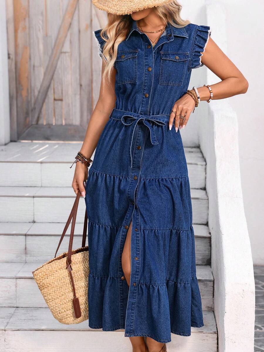 Breezaya Women's Vacation Style Ruffled Hem Denim Dress - Medium Wash - View 1