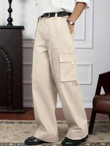 HUEFORM Men's Loose Fit Apricot Cargo Pants Amekaji Style Zipper Detail Woven Fabric Long Casual Trousers - Apricot - View 5