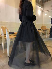 DAZY 女士纯色圆领灯笼袖网纱拼接下摆休闲连衣裙 - 杏色 - 查看 5