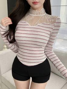 DAZY Textured Pink Striped Lace Trim Mesh Splice Stand Collar Long Sleeve Women's T-Shirt, Suitable For Summer, Spring, Valentine's Day, Wedding, Party Y2k - Baby Pink - View 7