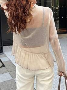 FRIFUL Women's Ruffle Collar & Hem Splice Gold & Silver Thread Decorated Blouse, Suitable For Summer Vacation Long Sleeve - White - View 4