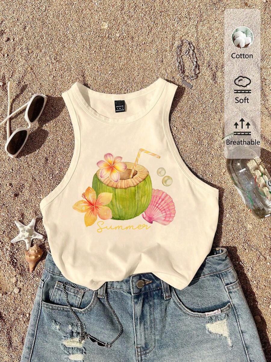 Tseoso Casual Minimalist Coconut Shell Flower Print Round Neck Tight Fit Women Tank Top, Suitable For Summer Spring - Apricot - View 1
