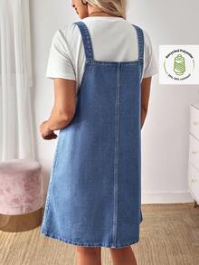 EMERY ROSE 大码纯色口袋前扣休闲牛仔连体裤连衣裙 - 藍色 - 查看 2