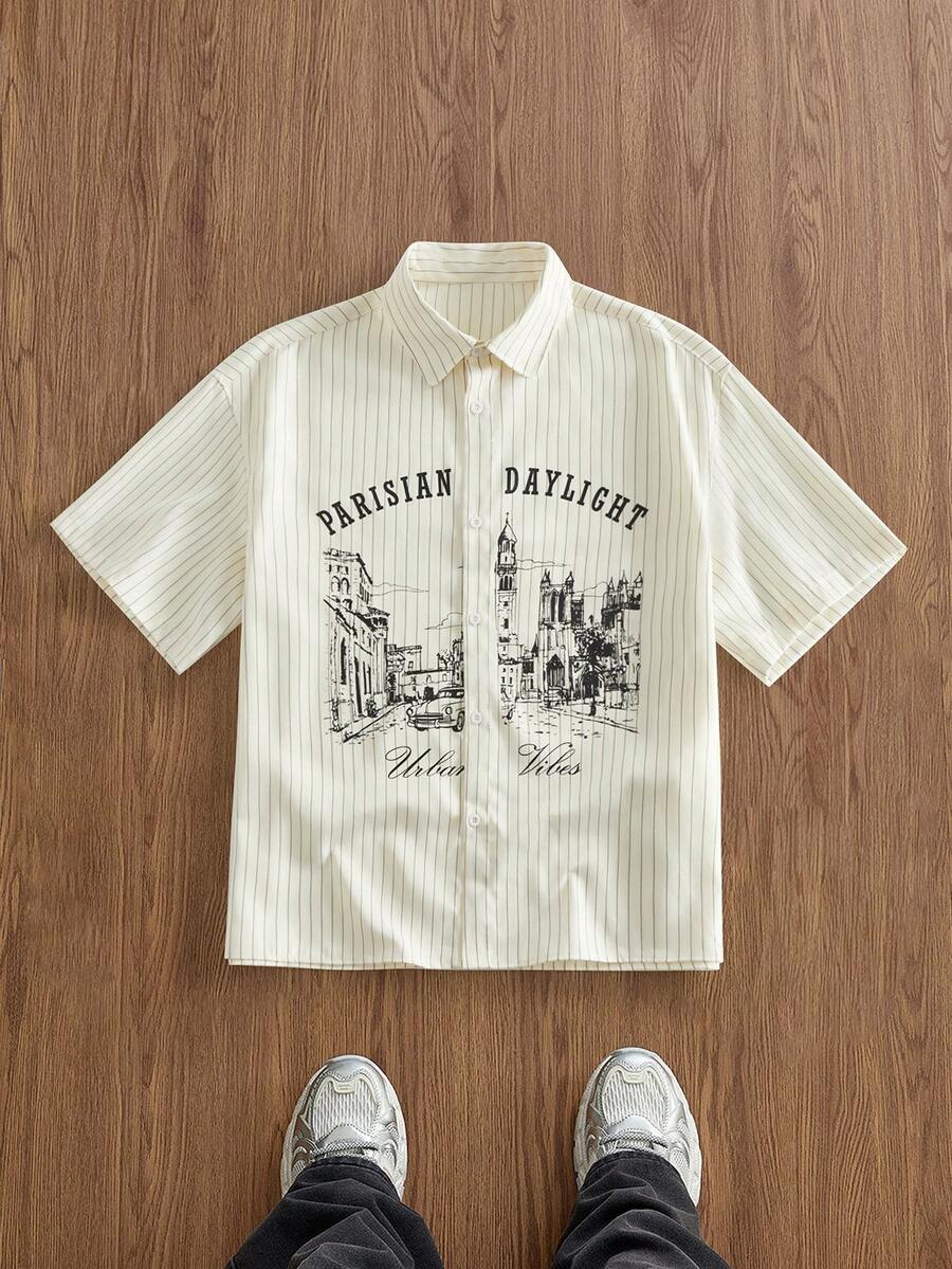 EASEVO Men's New Fashion Striped & Letter Print Button Front Short Sleeve Shirt